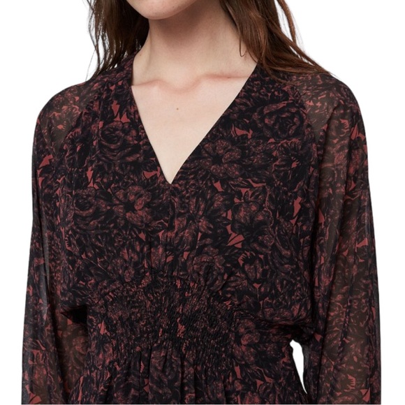 All Saints Nichola Rosey Smocked Draped Mini Dress in Berry Red - S - Picture 5 of 16